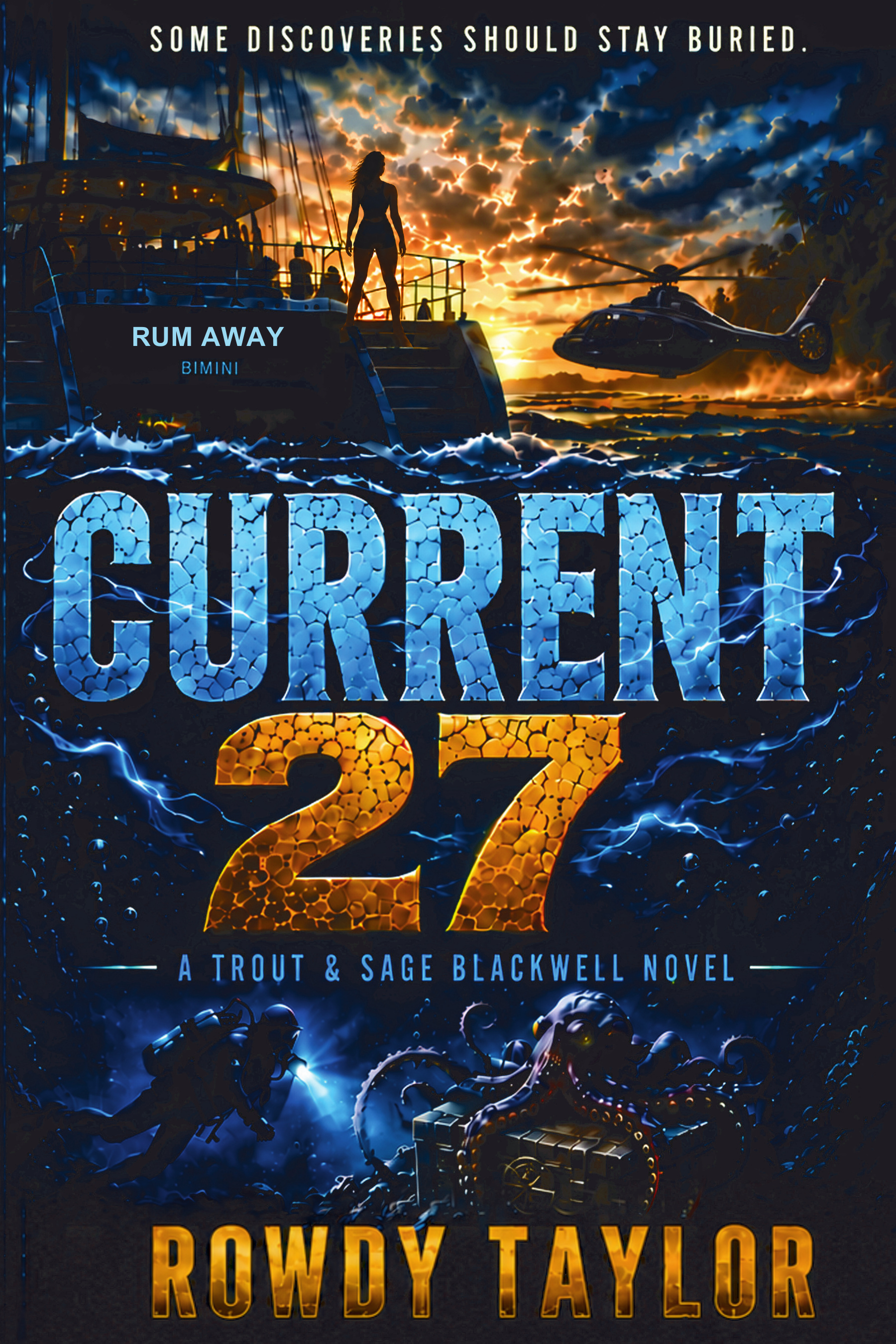 Current 27 by Rowdy Taylor. A sailing catamaran at sunset above divers exploring a wreck.